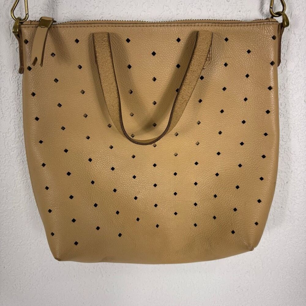 Madewell Beige Perforated Leather Transport Tote Bag Purse with Crossbody Strap - Picture 3 of 8